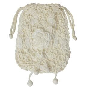 Vintage 60s White Crochet Drawstring Purse Rose Motif Pom Details
